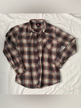 Quiksilver Men’s Red, Gray & White Plaid Button-Down Shirt